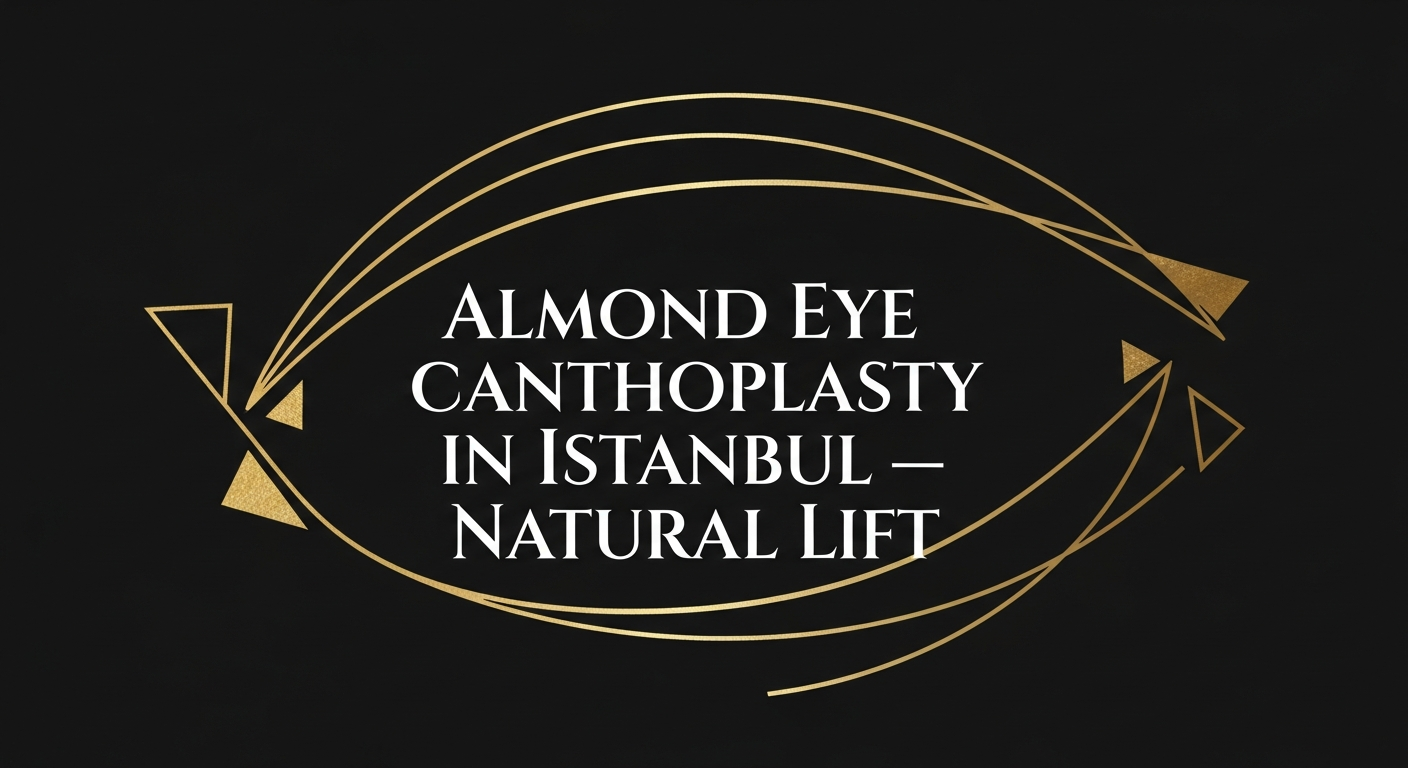 Stylized gold almond-eye graphic on black background with the text 'Almond Eye Canthoplasty in Istanbul — Natural Lift' promoting cosmetic eye lift surgery