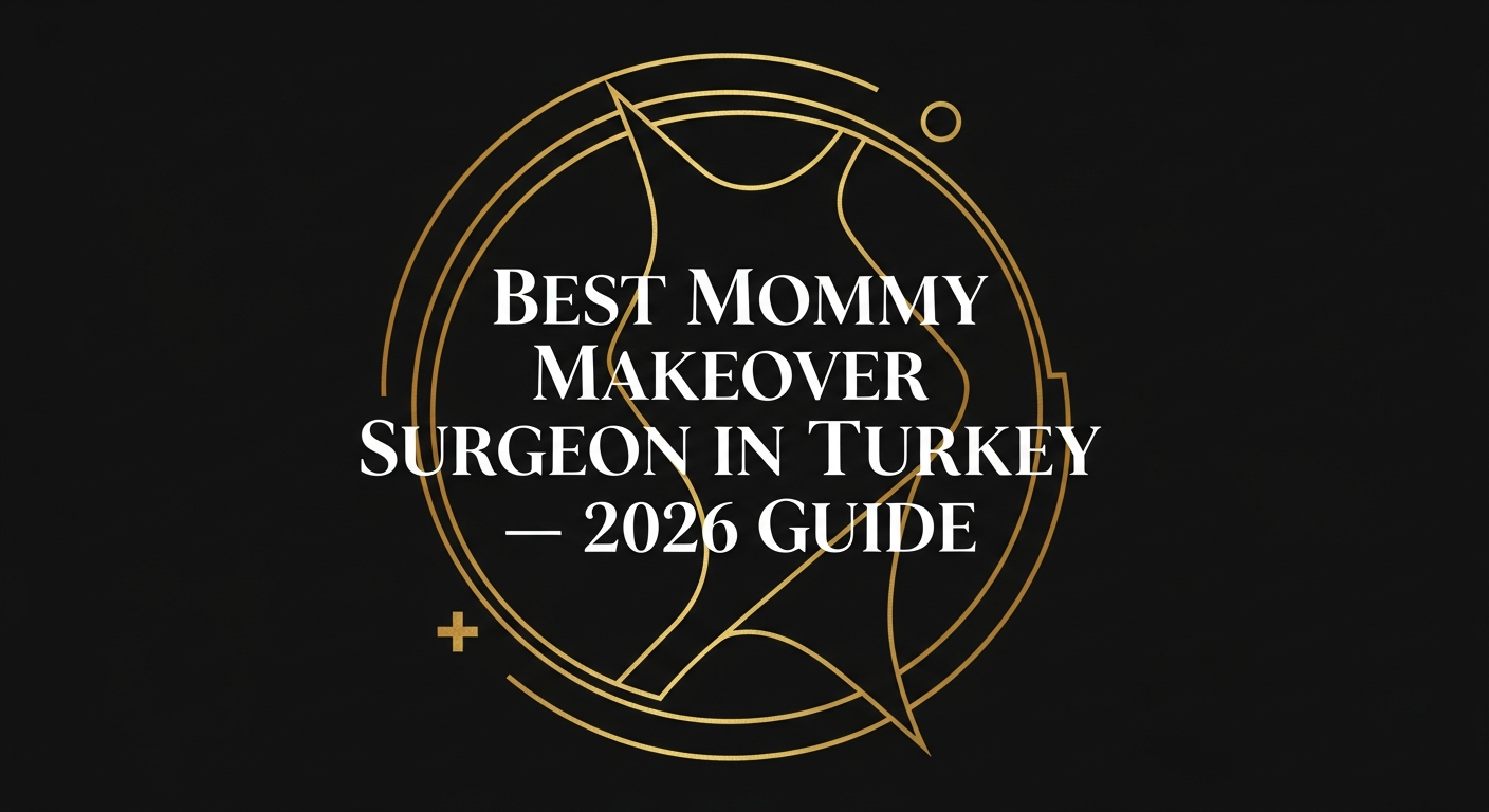 Gold circular emblem and white headline text reading “Best Mommy Makeover Surgeon in Turkey — 2026 Guide” on a black background, representing a cosmetic surgery guide.