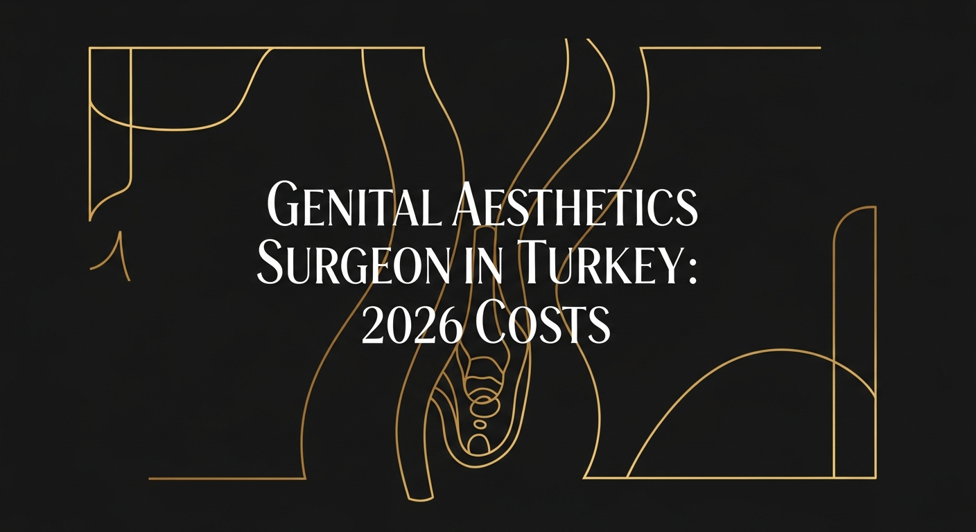 Elegant gold line illustration of female genital anatomy on a black background with overlay text 'Genital Aesthetics Surgeon in Turkey: 2026 Costs'