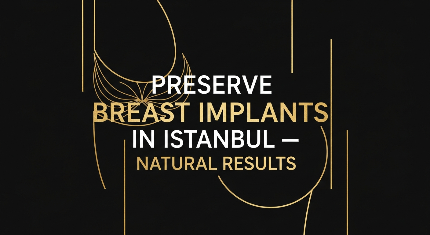 Black background with gold minimalist breast line art and headline 'Preserve Breast Implants in Istanbul — Natural Results', promoting natural-looking implant preservation surgery in Istanbul