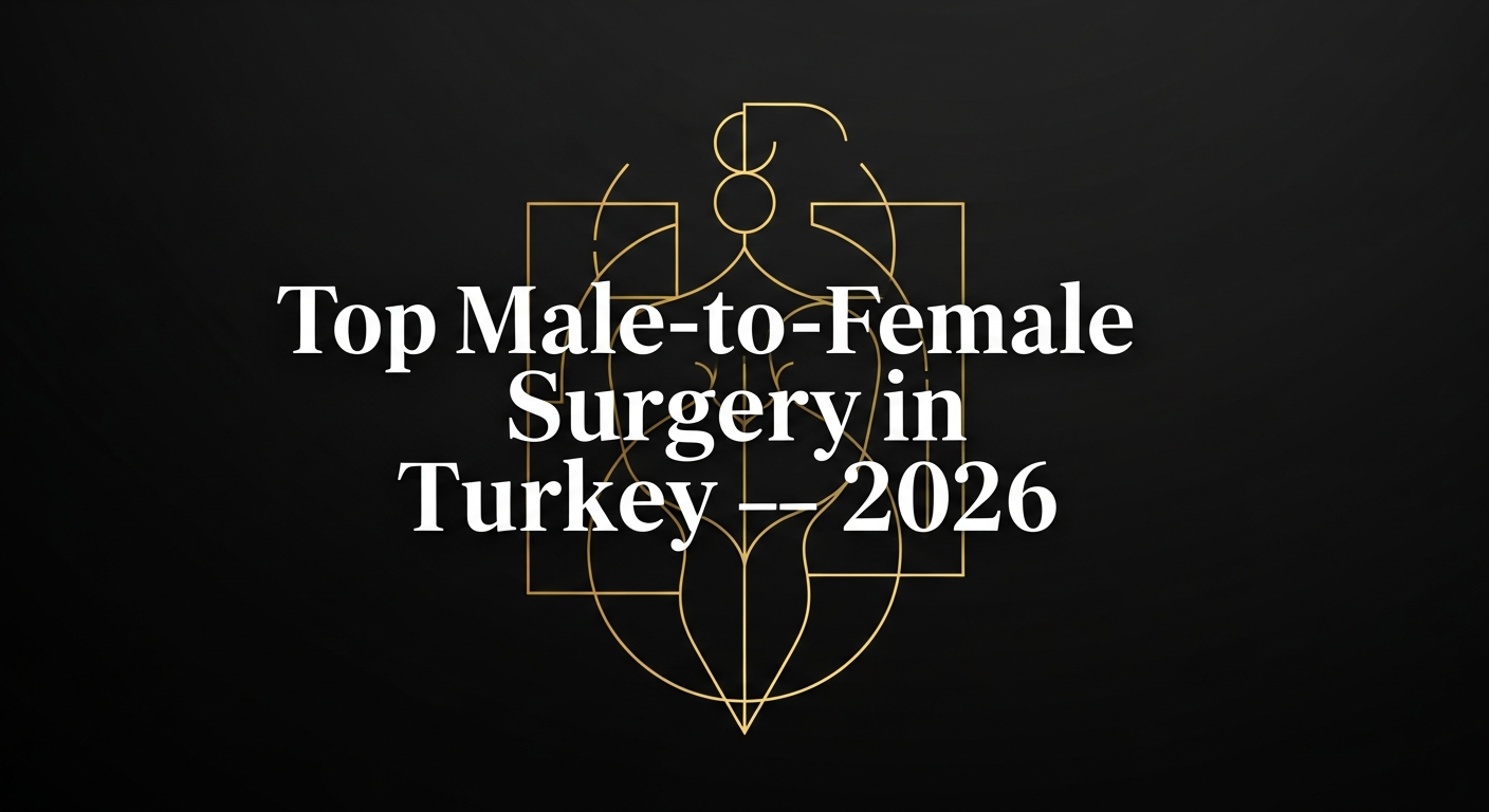Black banner featuring a gold geometric emblem and bold white headline reading 'Top Male-to-Female Surgery in Turkey — 2026', for a guide to MTF gender confirmation procedures in Turkey.