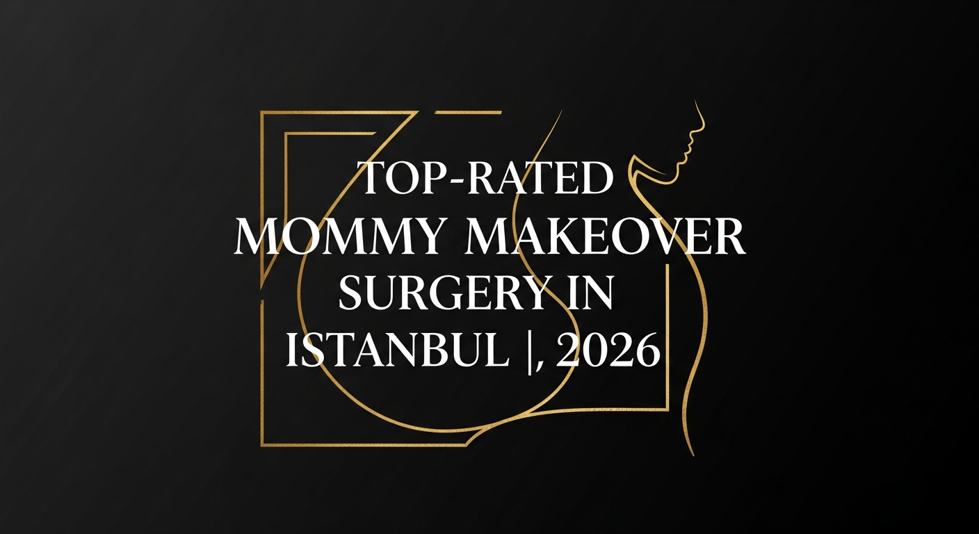 Black and gold banner with elegant line-art female silhouette and headline 'Top-Rated Mommy Makeover Surgery in Istanbul | 2026', cosmetic surgery promotion