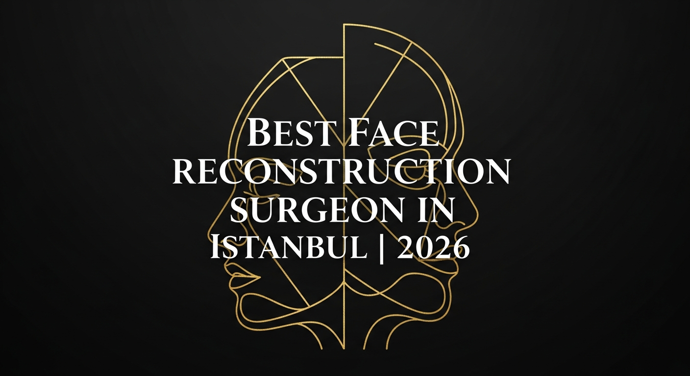 Gold line-art of two mirrored face profiles on a black background with overlaid text 'Best Face Reconstruction Surgeon in Istanbul | 2026' — blog header image for top face reconstruction surgeon in Istanbul.