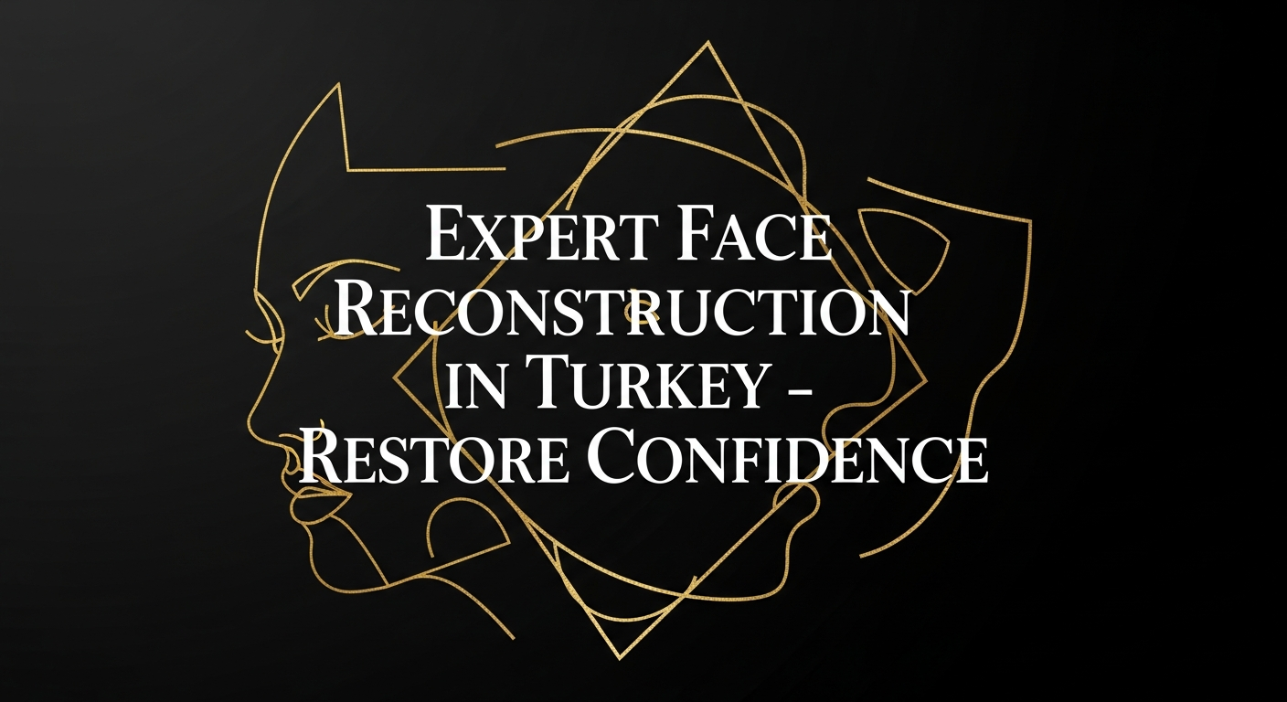 Gold linear outline of overlapping human face profiles on a black background with overlaid text 'Expert Face Reconstruction in Turkey - Restore Confidence'.