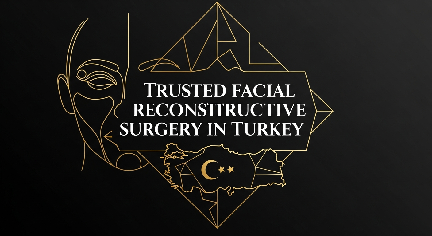 Dark background with gold line-art of a human face and map of Turkey featuring a crescent and stars; centered headline reads 'Trusted Facial Reconstructive Surgery in Turkey' for a modern medical clinic branding image.