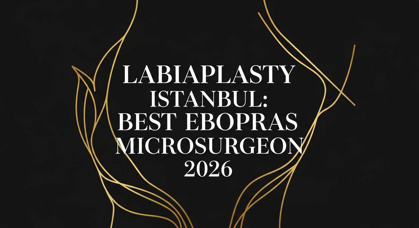 Promotional banner with the text 'Labiaplasty Istanbul: Best EBOPRAS Microsurgeon 2026' on a black background framed by elegant gold line outlines, for a clinic labiaplasty article.