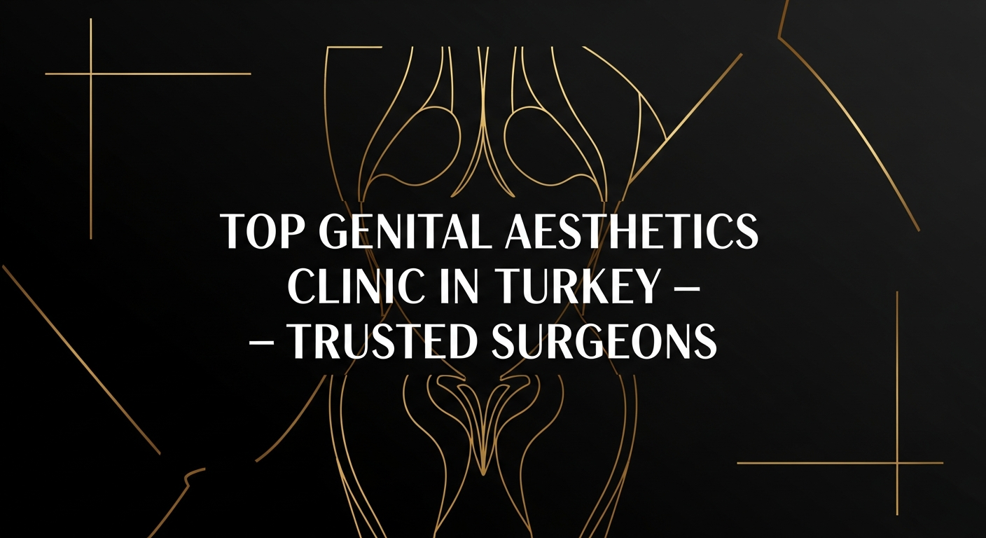 Hero image with white headline text 'Top Genital Aesthetics Clinic in Turkey — Trusted Surgeons' on a black background with a stylized gold line illustration of pelvic anatomy, representing cosmetic genital surgery and clinic services in Turkey.