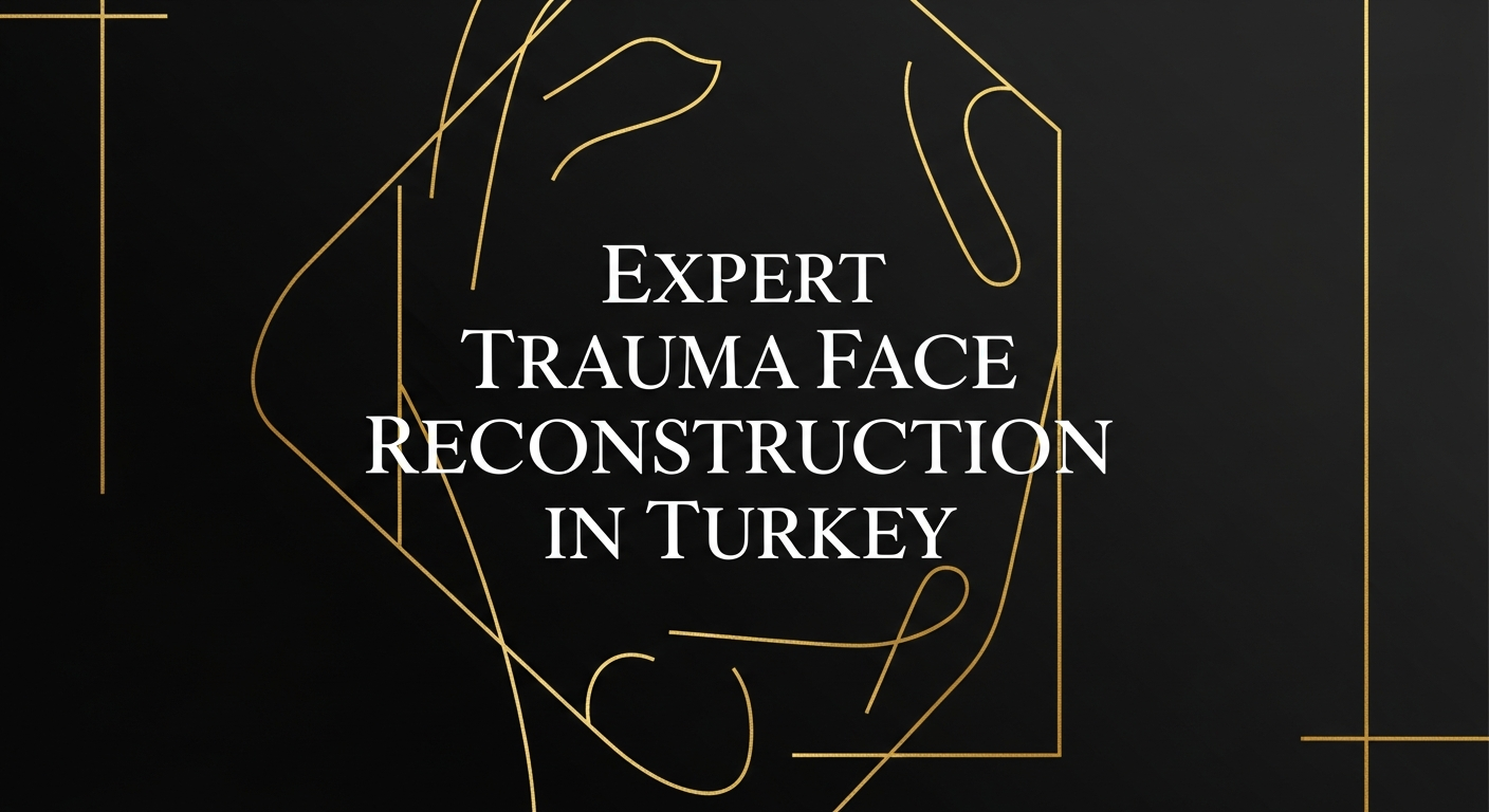 Banner reading 'Expert Trauma Face Reconstruction in Turkey' over a minimalist gold line-art face illustration on a black background, medical reconstruction and clinic services theme
