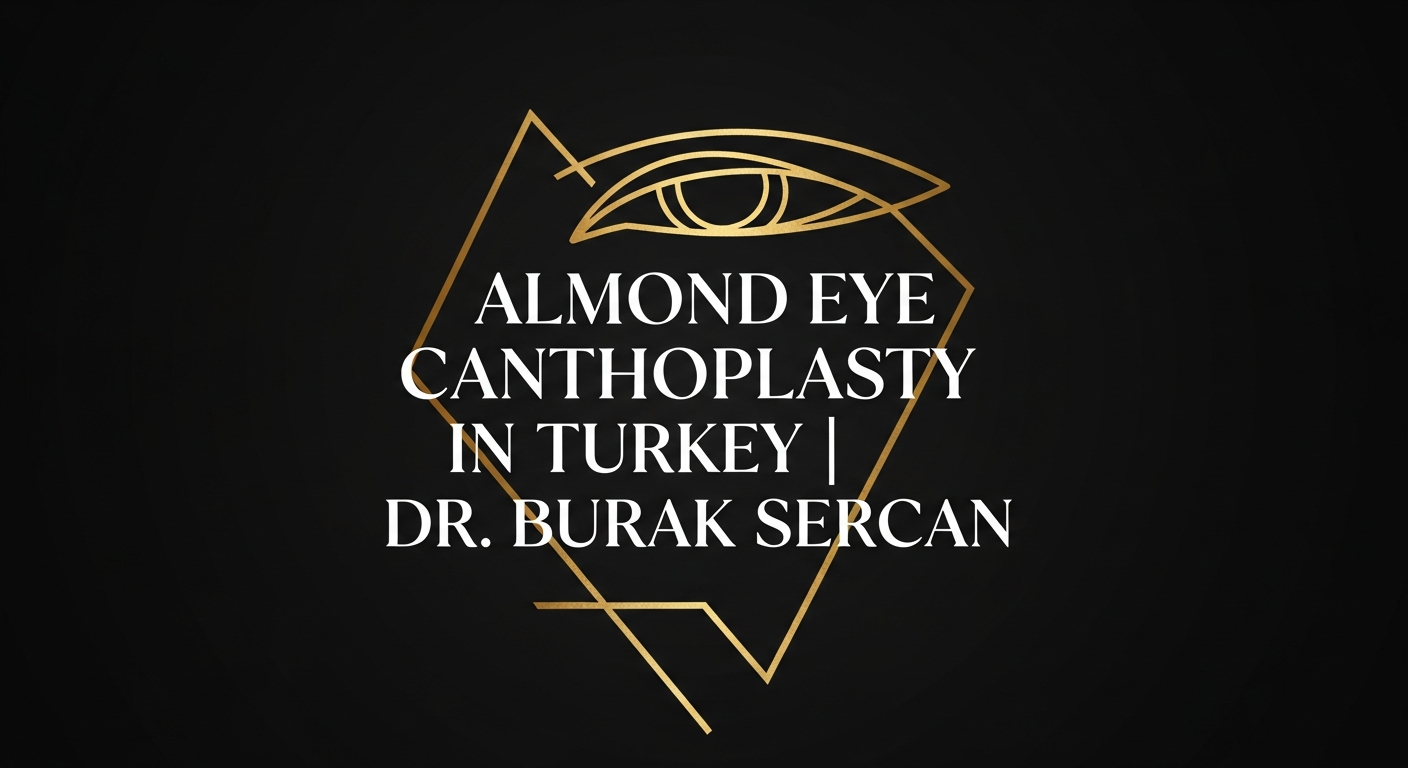 Gold outline eye logo with text 'Almond Eye Canthoplasty in Turkey | Dr. Burak Sercan' on a black background — cosmetic eyelid surgery in Turkey