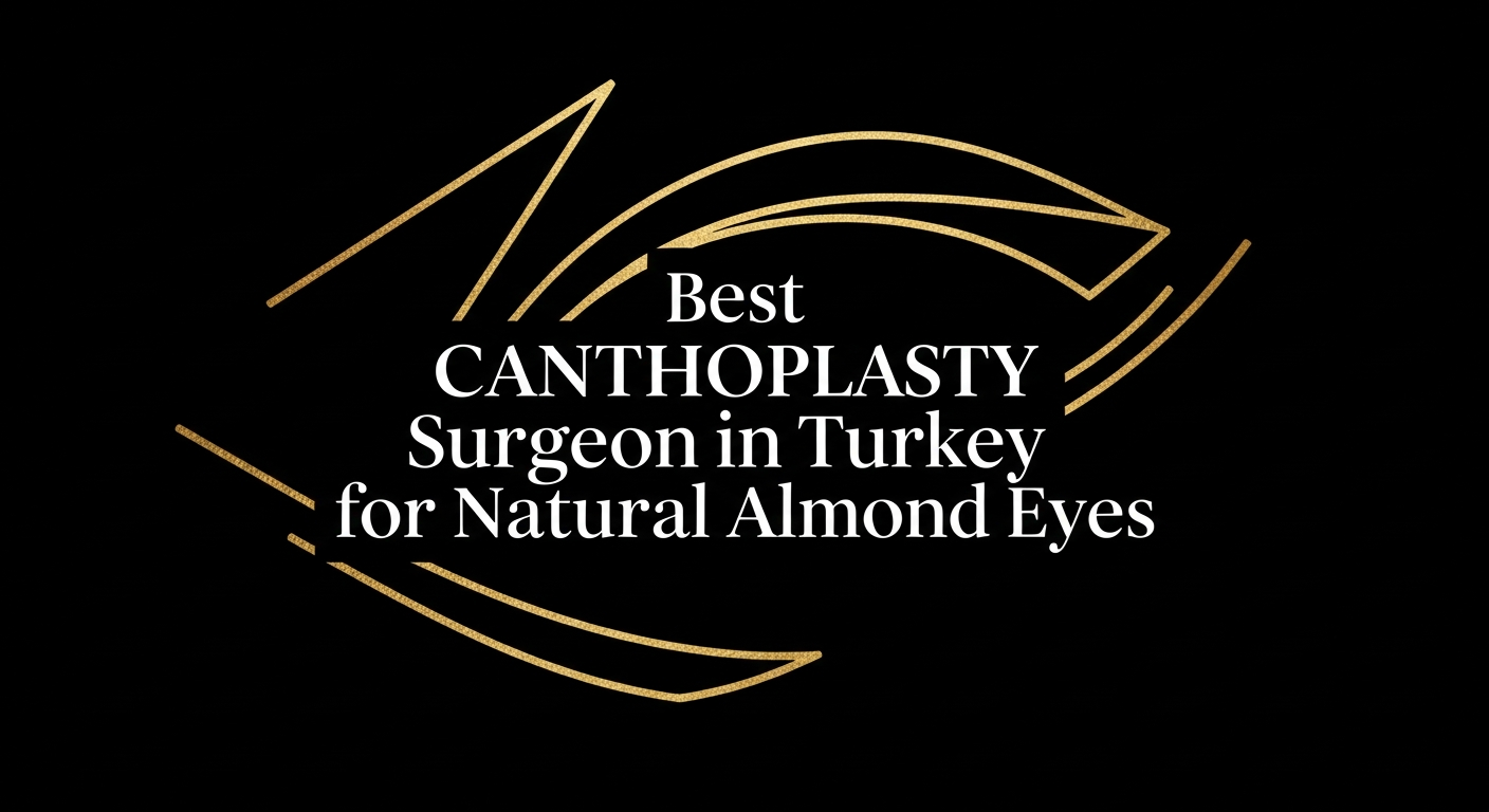 Black background with gold stylized eye outlines and centered white text: 'Best CANTHOPLASTY Surgeon in Turkey for Natural Almond Eyes' — promotional image for canthoplasty and almond eye surgery in Turkey.
