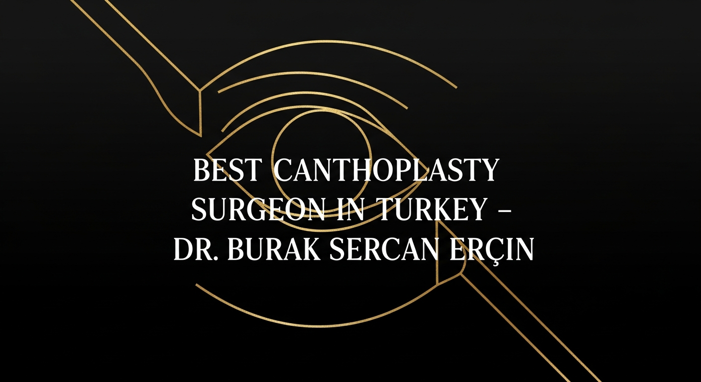 Stylized gold eye illustration on a black background with overlaid white text reading 'Best Canthoplasty Surgeon in Turkey – Dr. Burak Sercan Erçin'