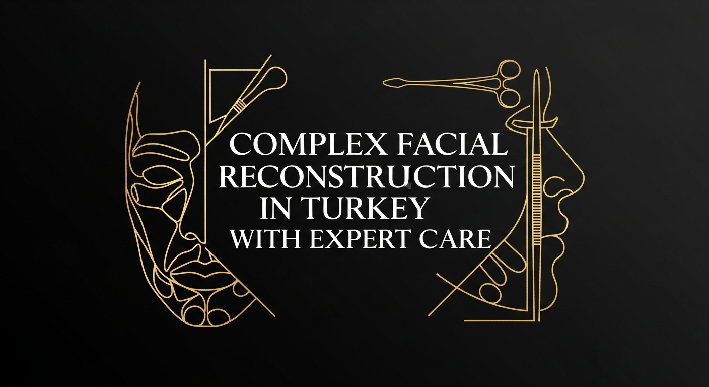 Gold line-art facial profiles and surgical tools on a dark background with centered text 'Complex Facial Reconstruction in Turkey with Expert Care', representing specialized facial reconstruction surgery and expert medical care in Turkey.
