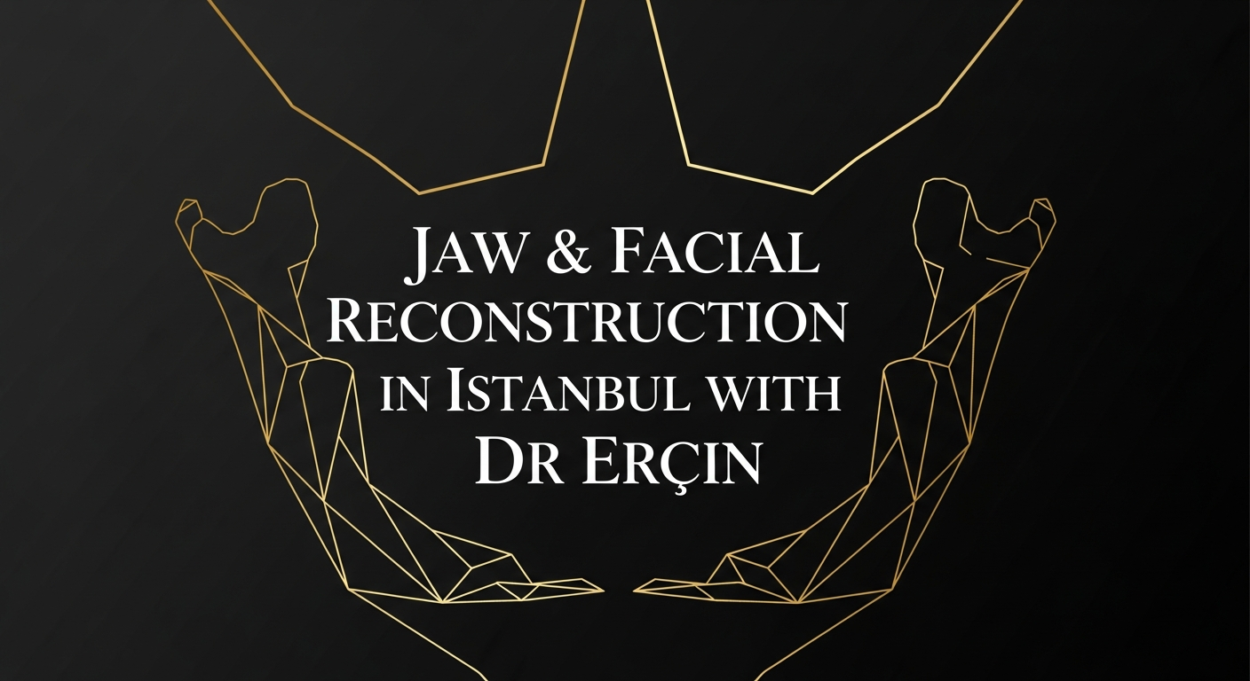 Gold geometric jaw outline and crown on a black background with the text 'Jaw & Facial Reconstruction in Istanbul with Dr Erçin'