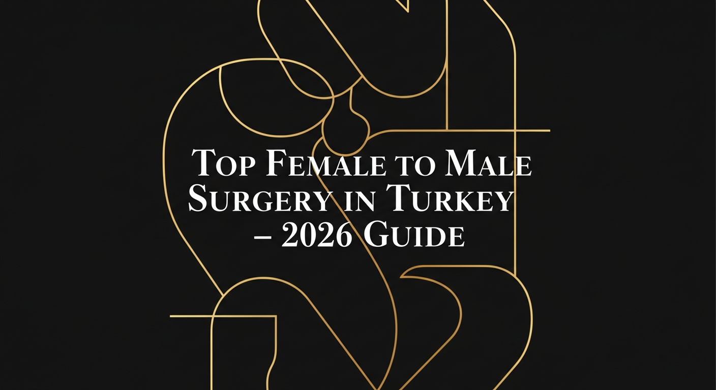 Black and gold header banner with abstract line art and bold white text reading 'Top Female to Male Surgery in Turkey - 2026 Guide', promotional image for FTM gender-affirming surgery in Turkey.