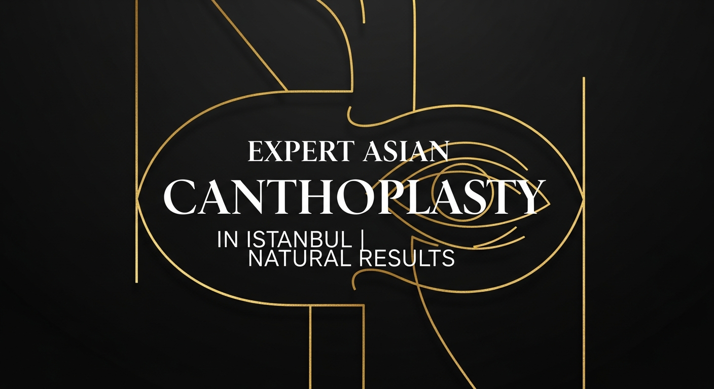 Black promotional graphic with gold line-art of an eye and geometric accents, overlaid text reading “Expert Asian Canthoplasty in Istanbul | Natural Results” promoting expert Asian canthoplasty (cosmetic eyelid surgery) with natural-looking results.