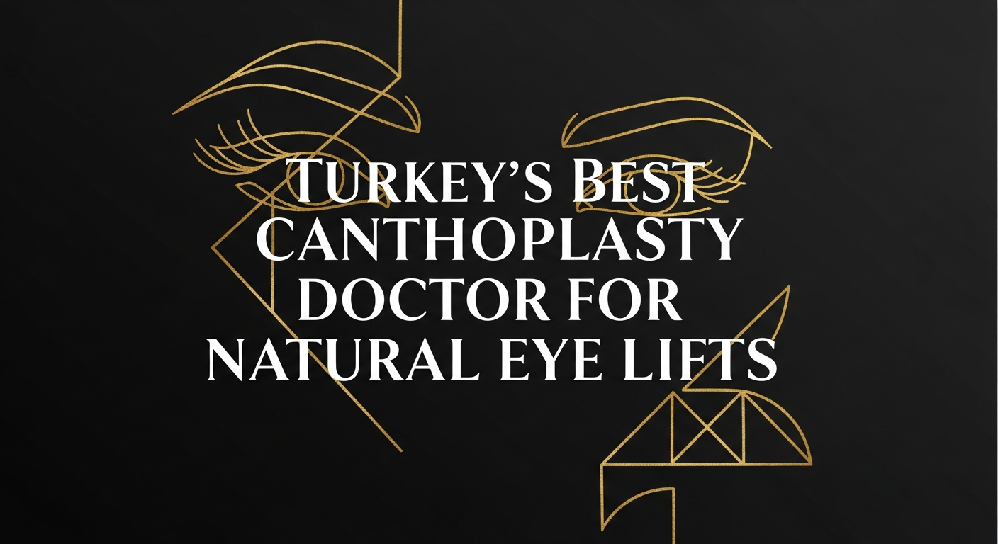 Gold line-art illustration of stylized eyes on a black background with the headline 'Turkey’s Best Canthoplasty Doctor for Natural Eye Lifts', promoting canthoplasty and subtle eye lift services in Turkey.