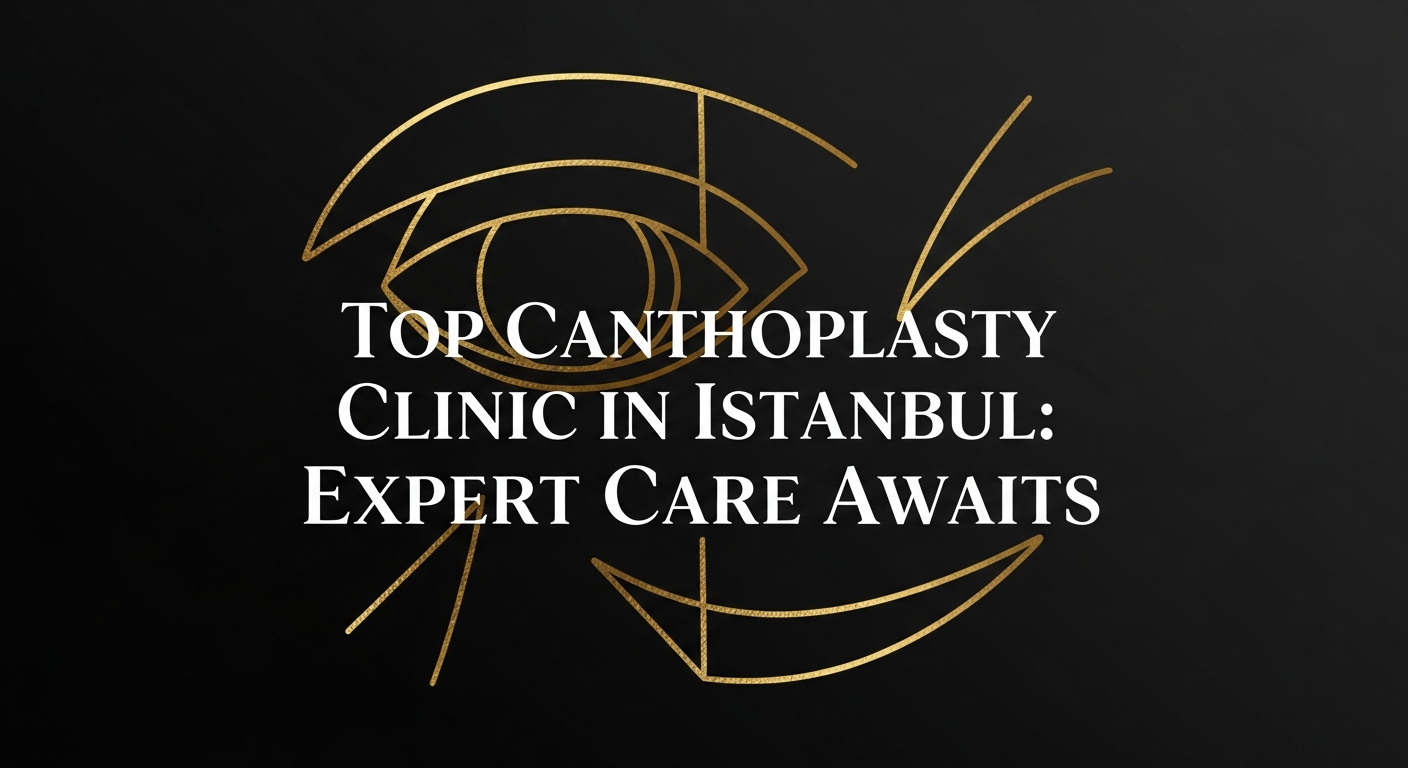 Stylized gold eye illustration on black background with headline promoting a top canthoplasty clinic in Istanbul and expert eyelid surgery care